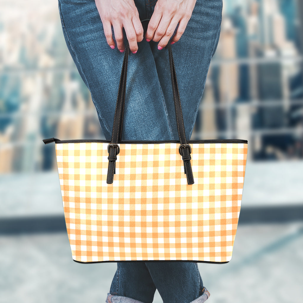 Orange And White Check Pattern Print Leather Tote Bag
