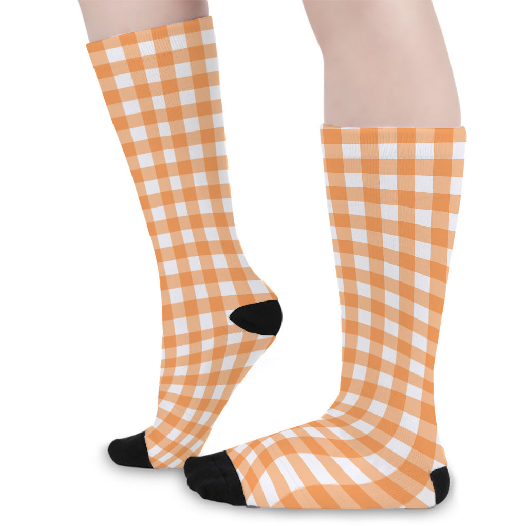 Orange And White Check Pattern Print Long Socks