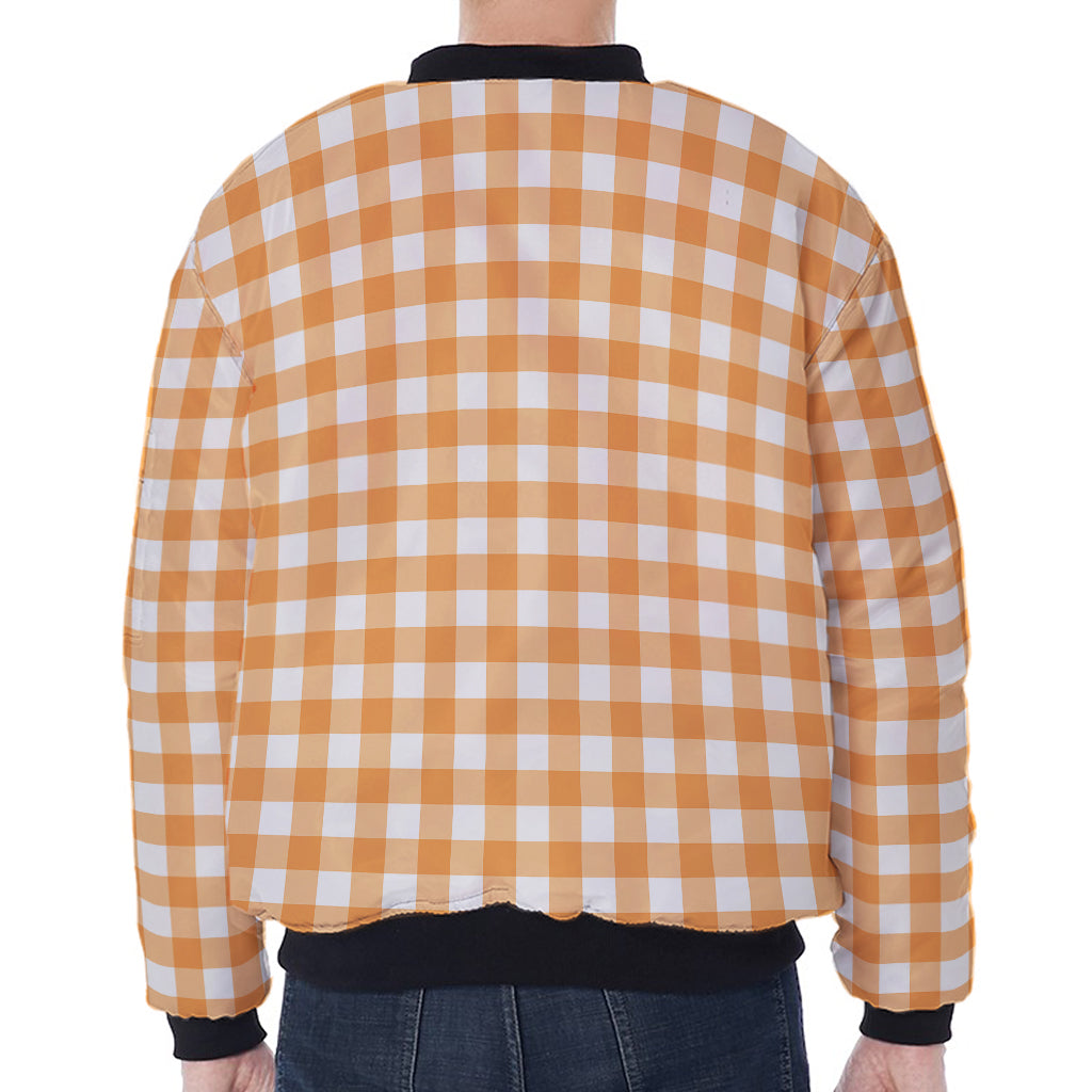 Orange And White Check Pattern Print Zip Sleeve Bomber Jacket