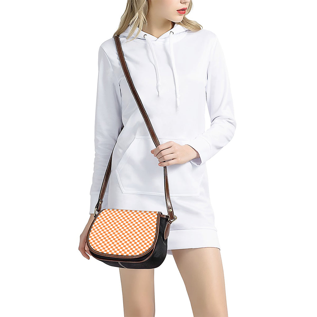 Orange And White Checkered Pattern Print Saddle Bag