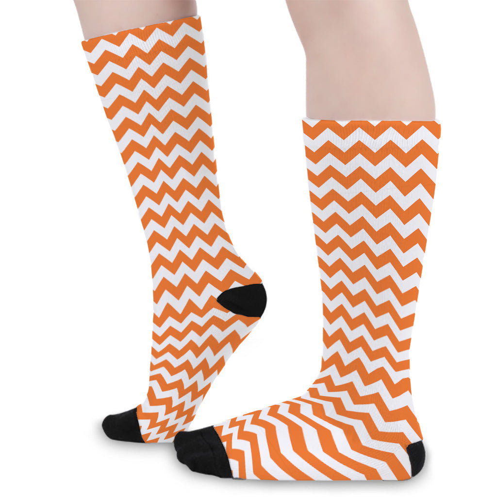 Orange And White Chevron Pattern Print Long Socks