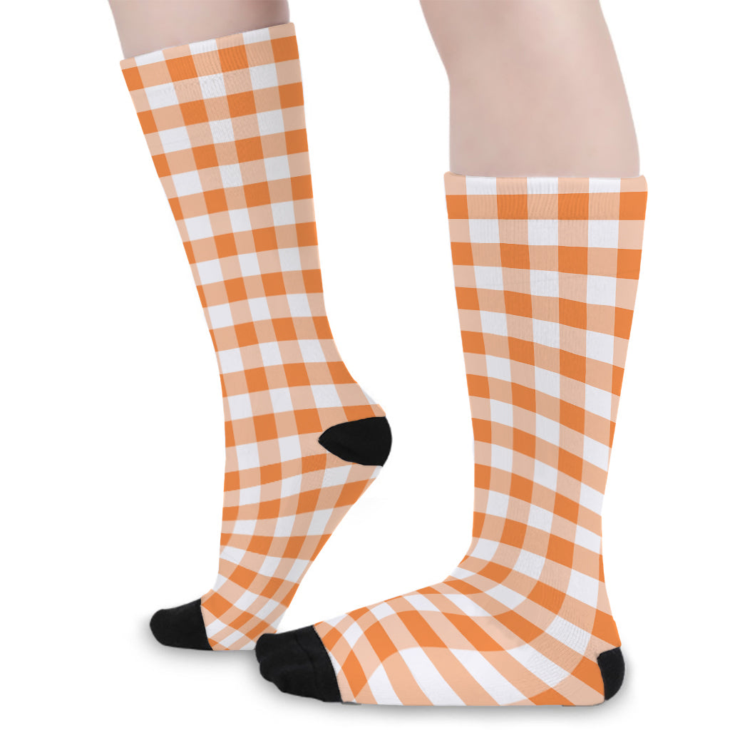 Orange And White Gingham Pattern Print Long Socks