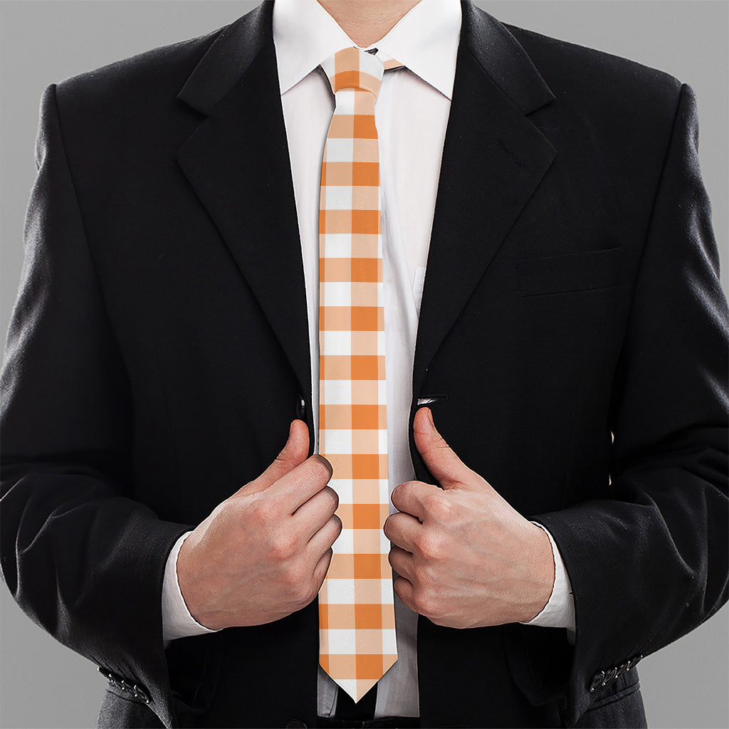 Orange And White Gingham Pattern Print Necktie
