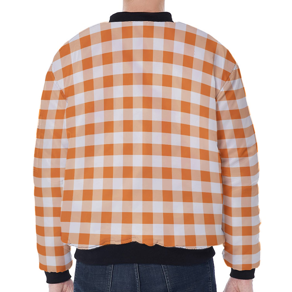 Orange And White Gingham Pattern Print Zip Sleeve Bomber Jacket