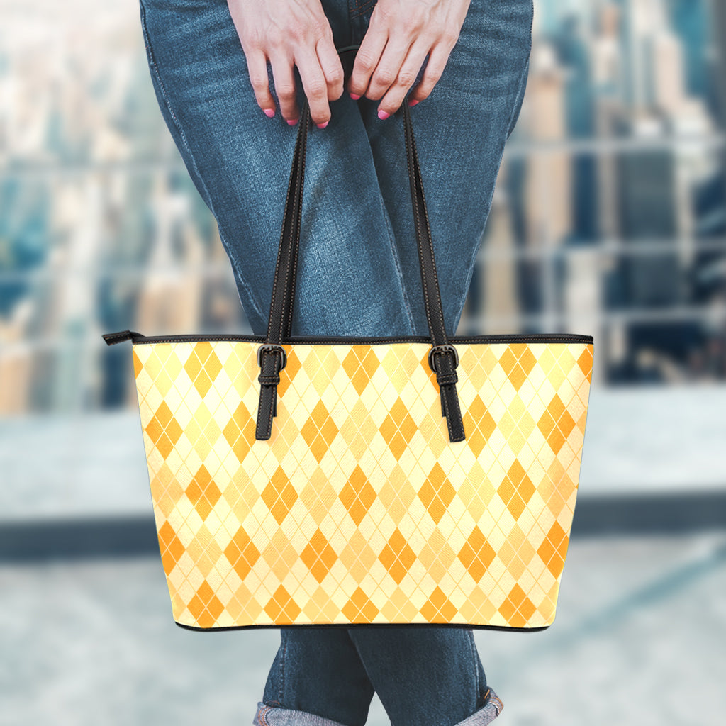 Orange Argyle Pattern Print Leather Tote Bag