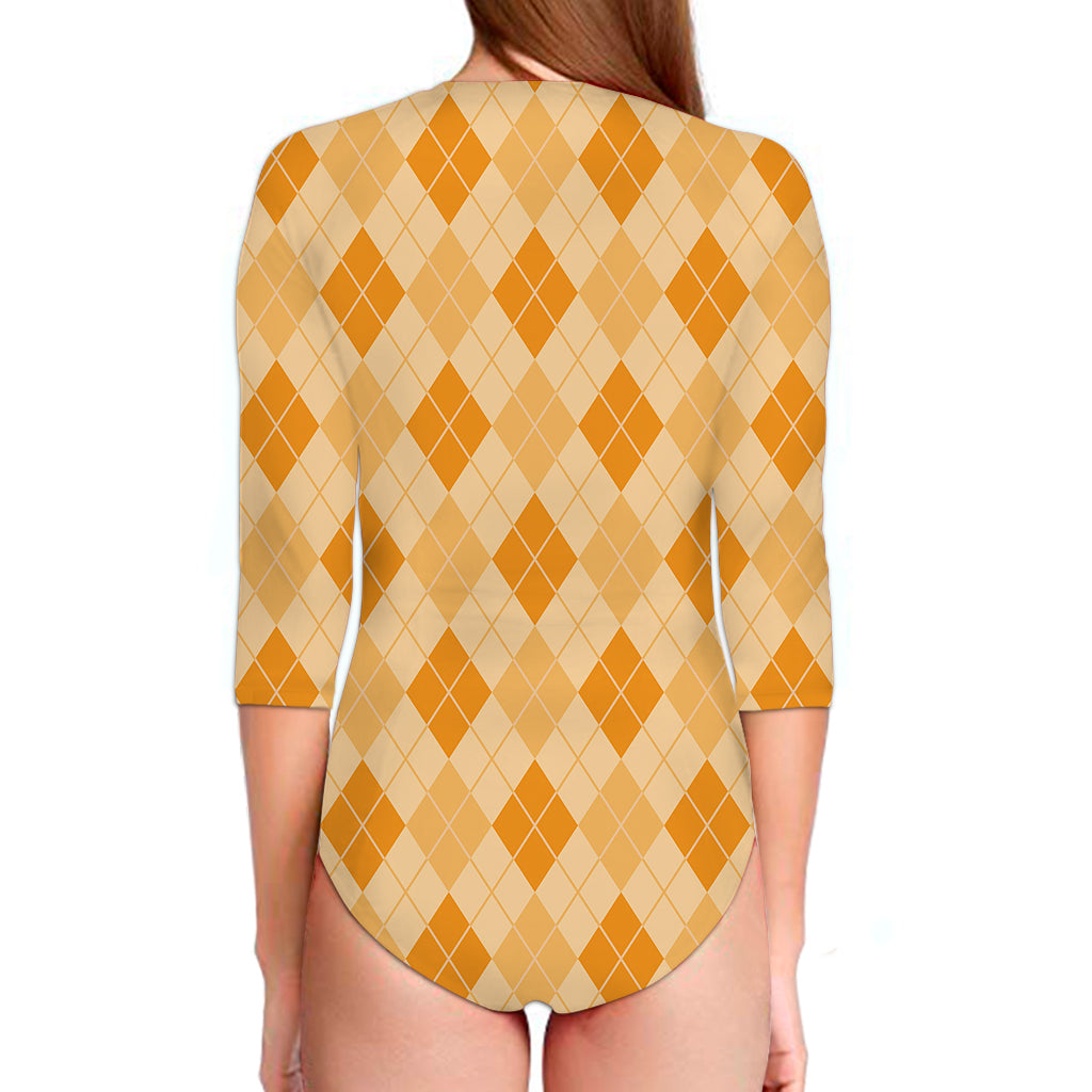 Orange Argyle Pattern Print Long Sleeve Swimsuit
