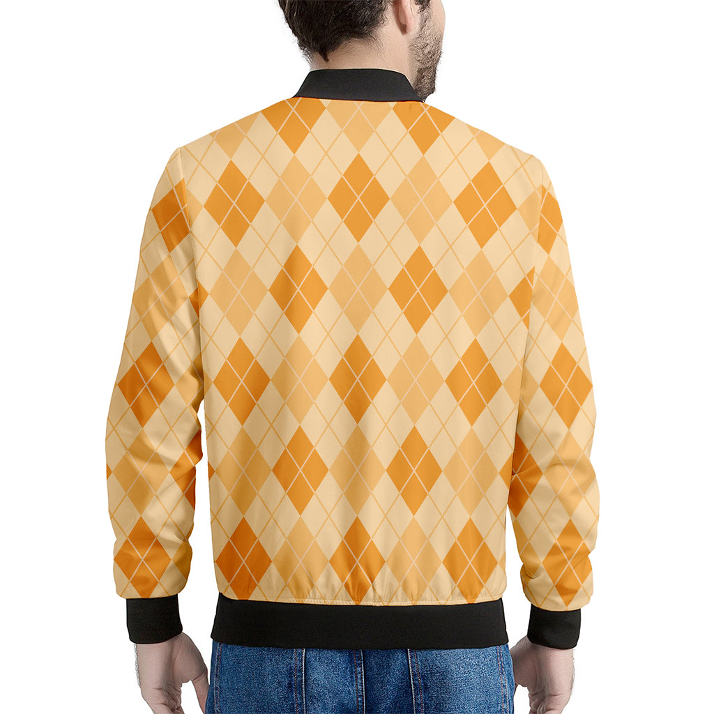 Orange Argyle Pattern Print Men's Bomber Jacket