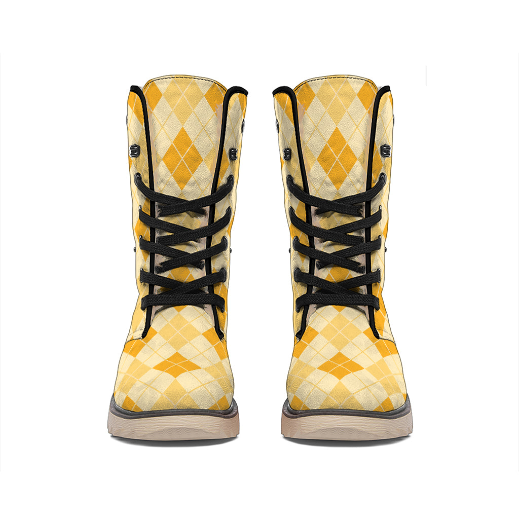 Orange Argyle Pattern Print Winter Boots
