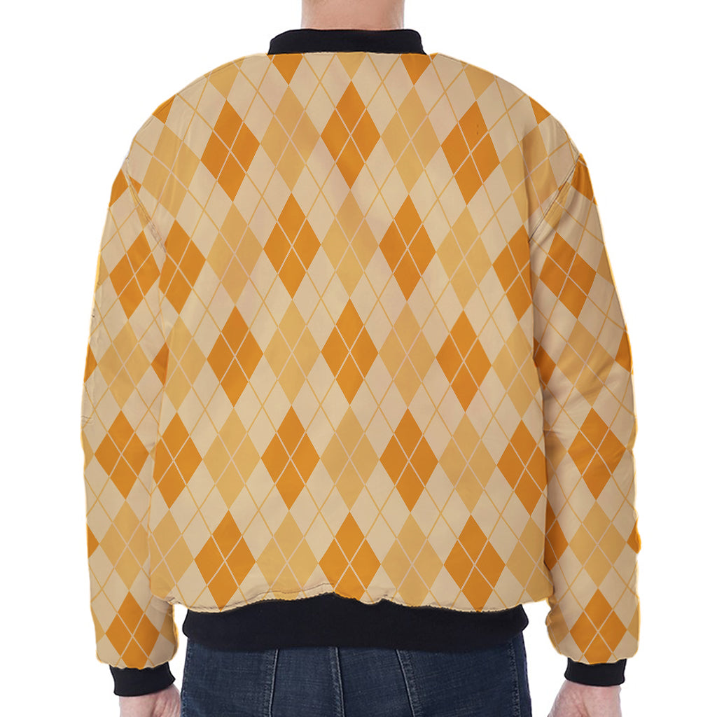 Orange Argyle Pattern Print Zip Sleeve Bomber Jacket