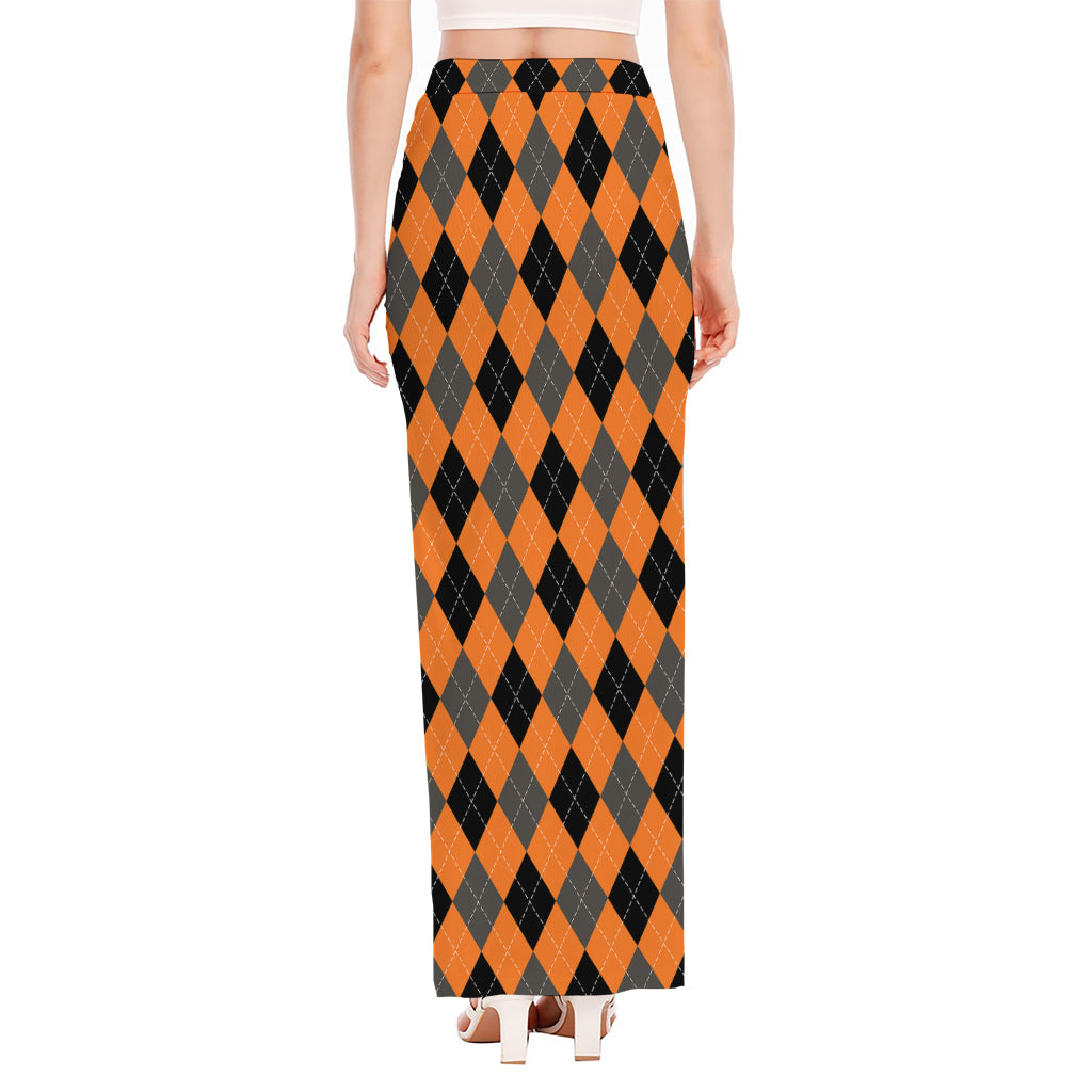 Orange Black And Grey Argyle Print High Slit Maxi Skirt