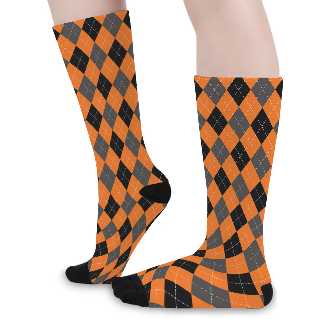 Orange Black And Grey Argyle Print Long Socks