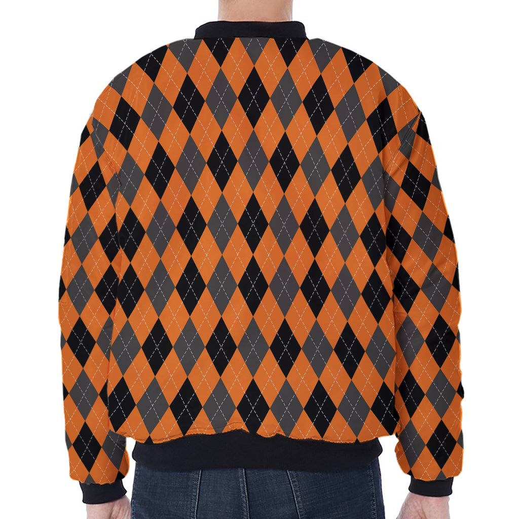 Orange Black And Grey Argyle Print Zip Sleeve Bomber Jacket