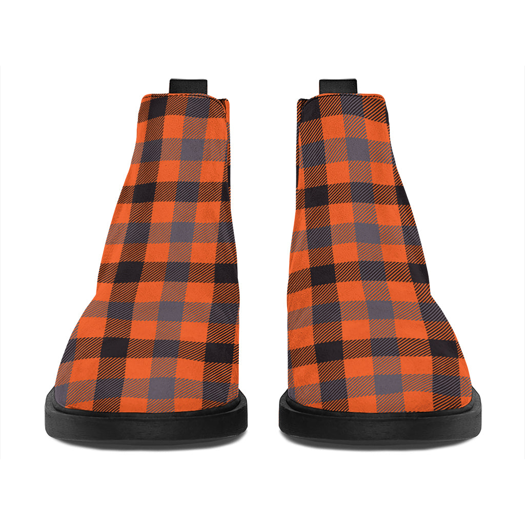 Orange Black And Grey Plaid Print Flat Ankle Boots