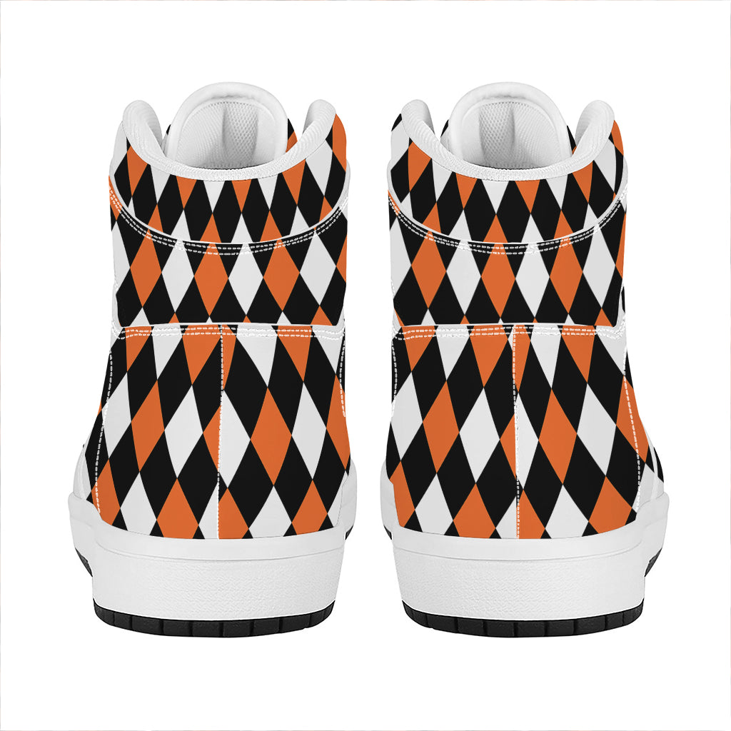 Orange Black And White Harlequin Print High Top Leather Sneakers