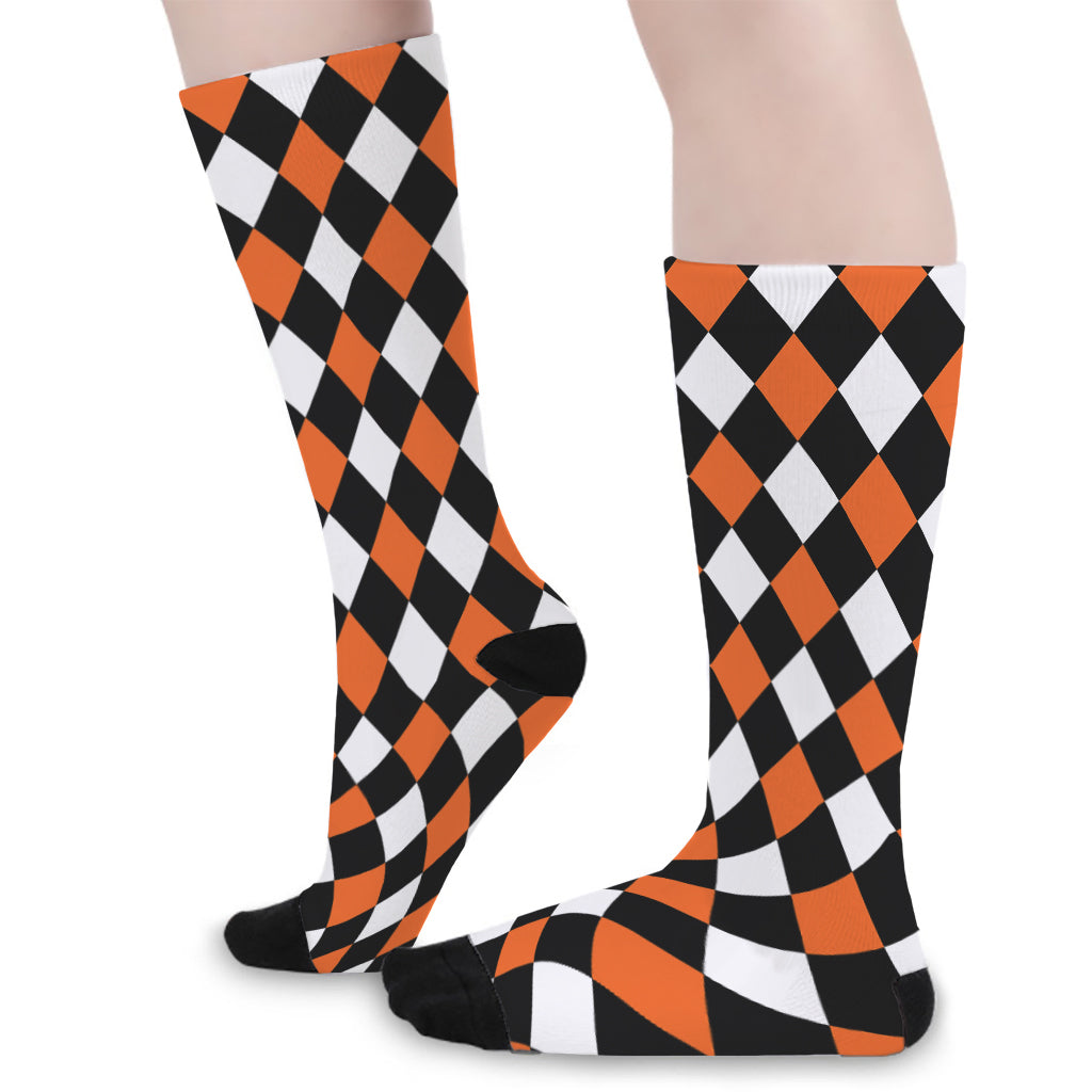Orange Black And White Harlequin Print Long Socks