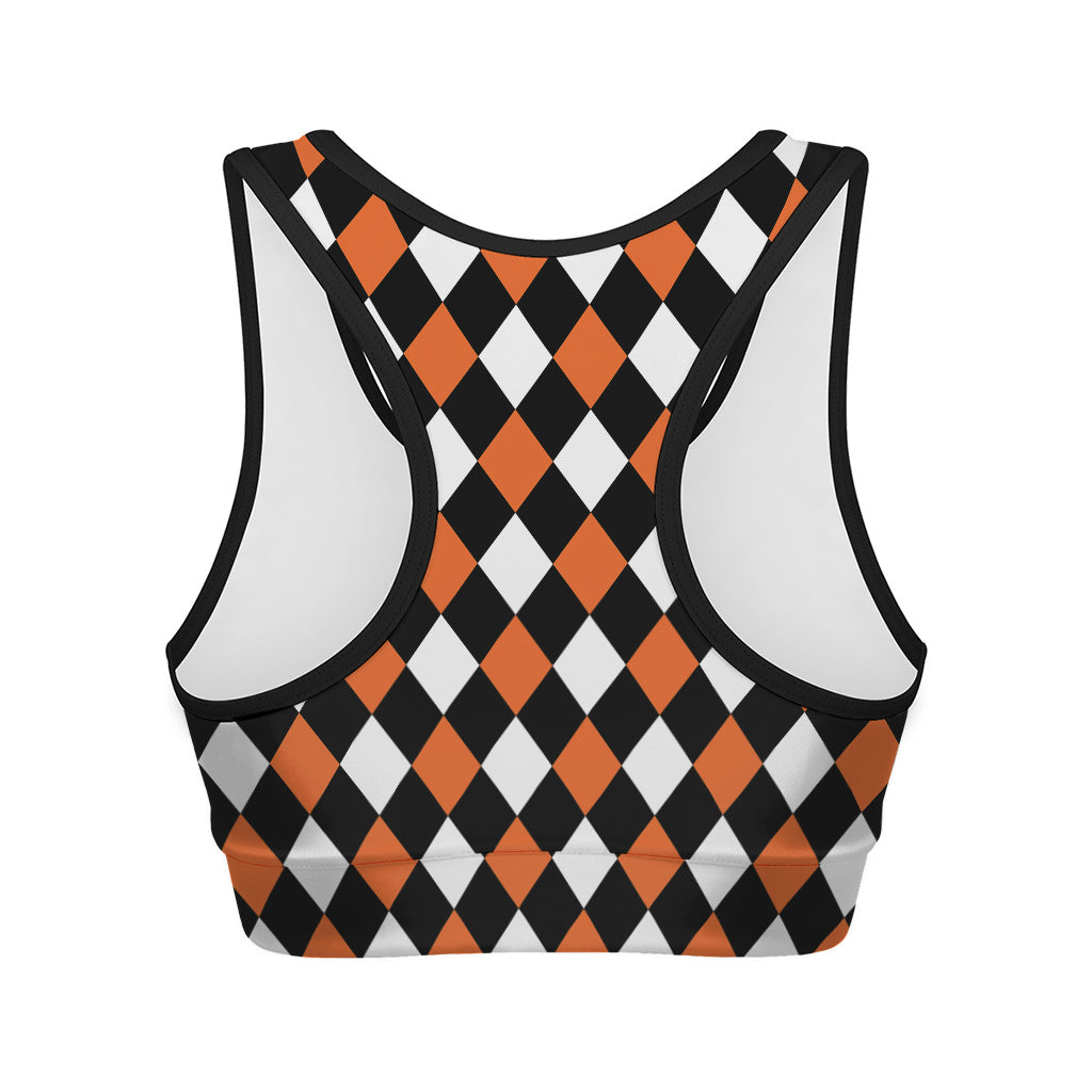 Orange Black And White Harlequin Print Women's Sports Bra