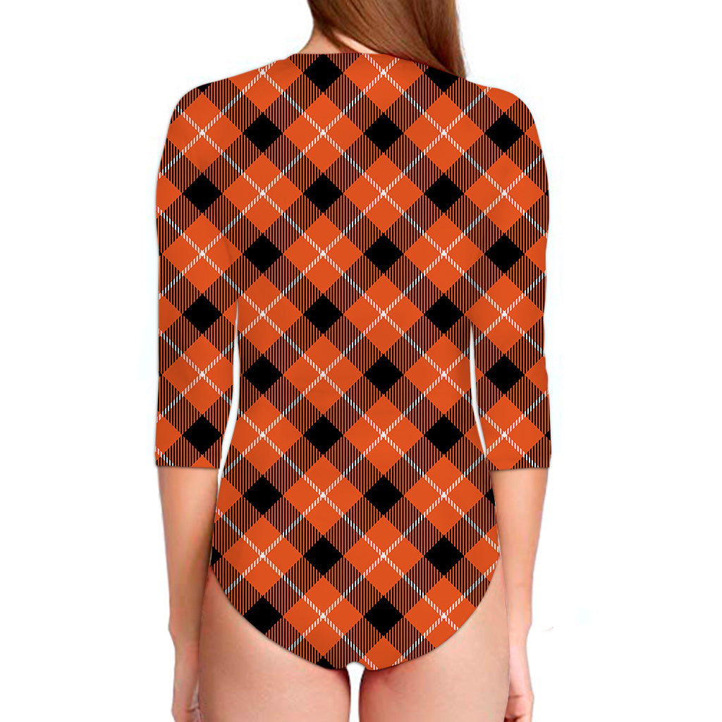 Orange Black And White Plaid Print Long Sleeve Swimsuit