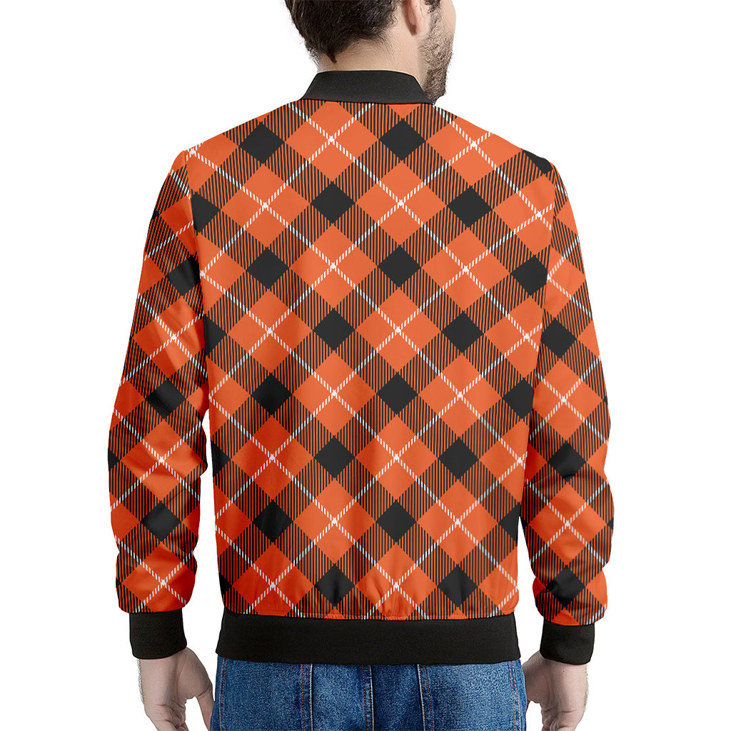 Orange Black And White Plaid Print Men's Bomber Jacket