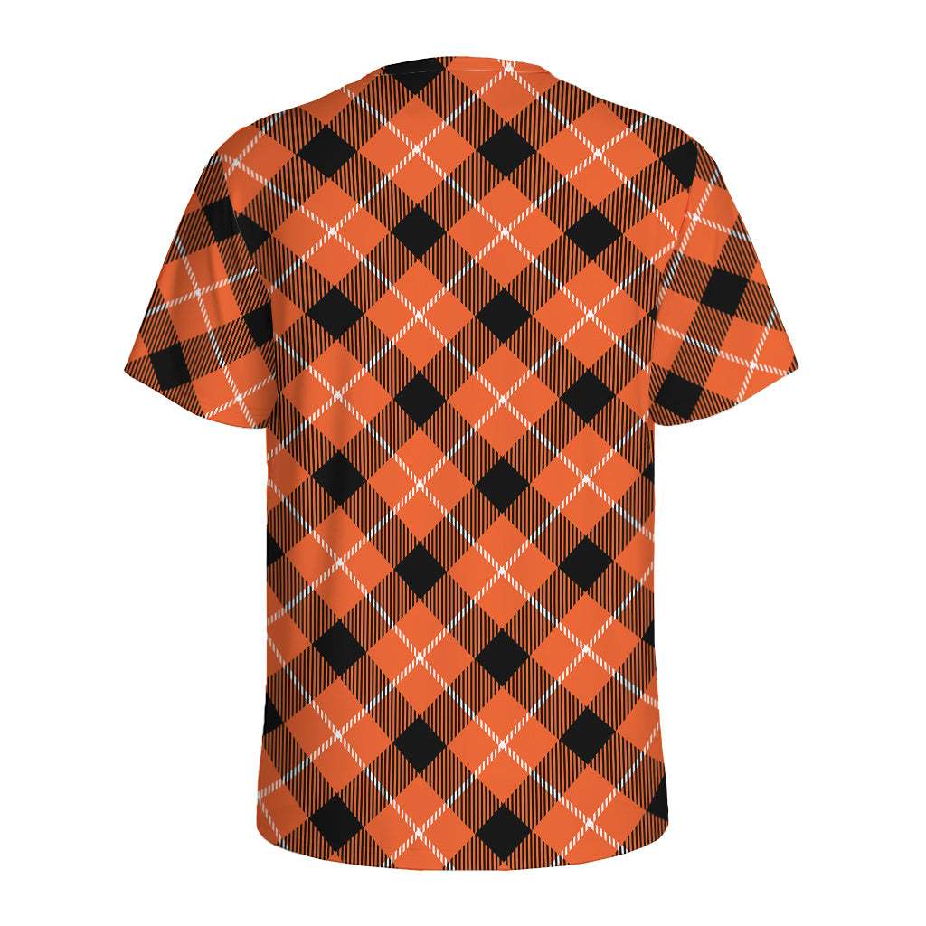 Orange Black And White Plaid Print Men's Sports T-Shirt