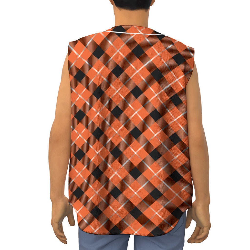 Orange Black And White Plaid Print Sleeveless Baseball Jersey