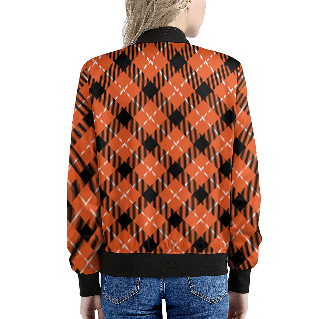 Orange Black And White Plaid Print Women's Bomber Jacket
