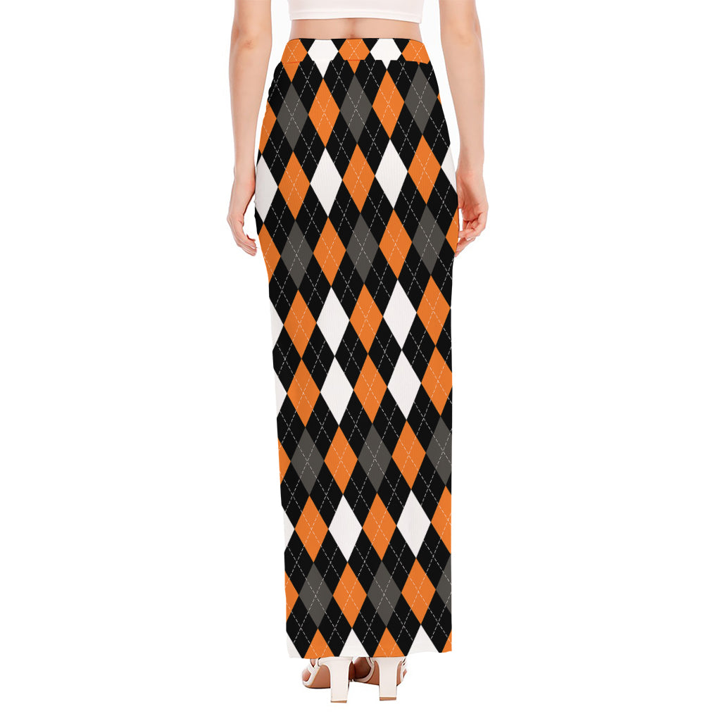 Orange Black Grey And White Argyle Print High Slit Maxi Skirt