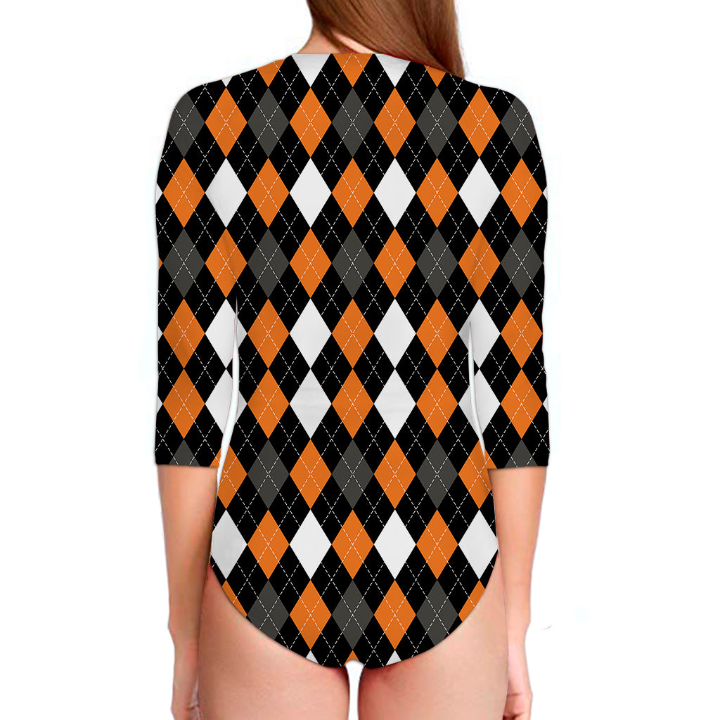 Orange Black Grey And White Argyle Print Long Sleeve Swimsuit