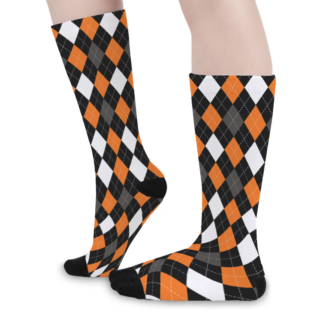 Orange Black Grey And White Argyle Print Long Socks