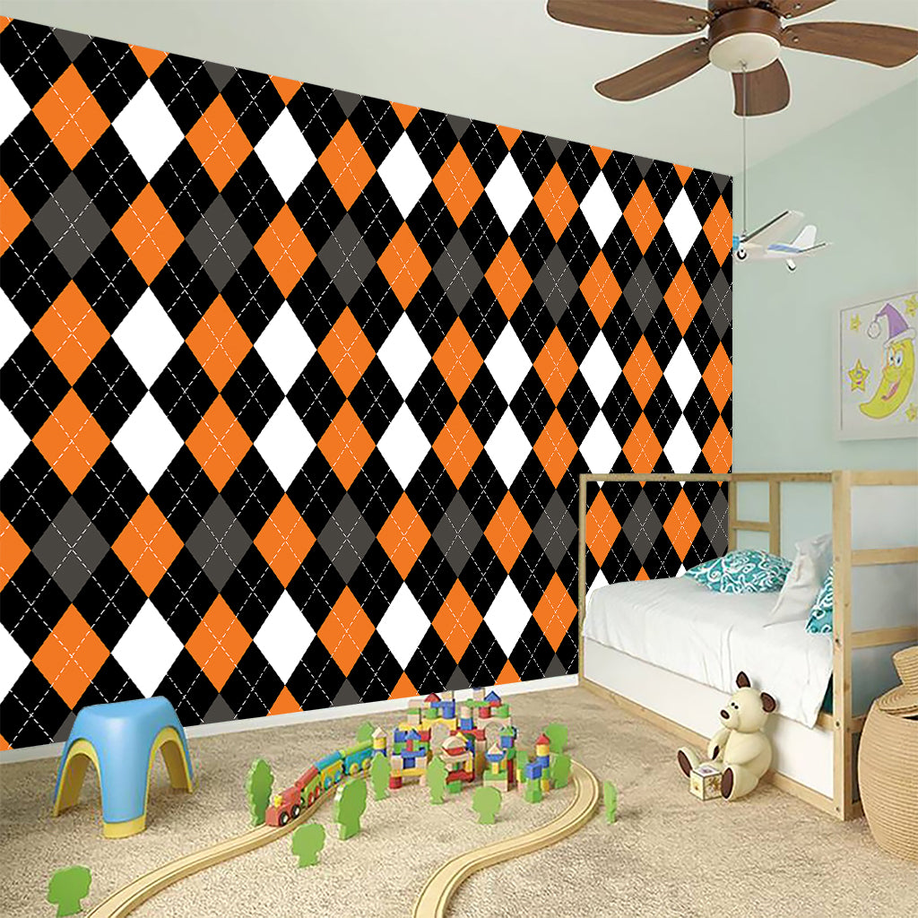 Orange Black Grey And White Argyle Print Wall Sticker