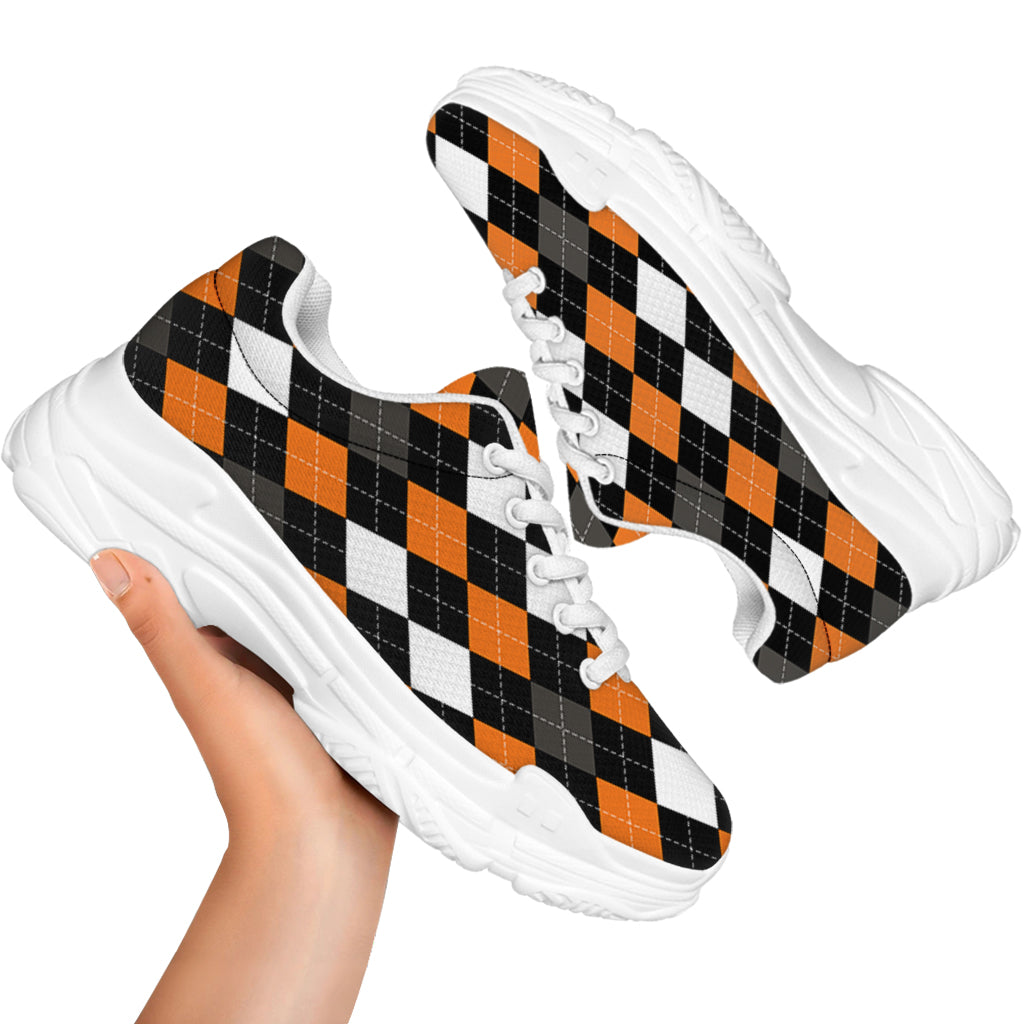 Orange Black Grey And White Argyle Print White Chunky Shoes