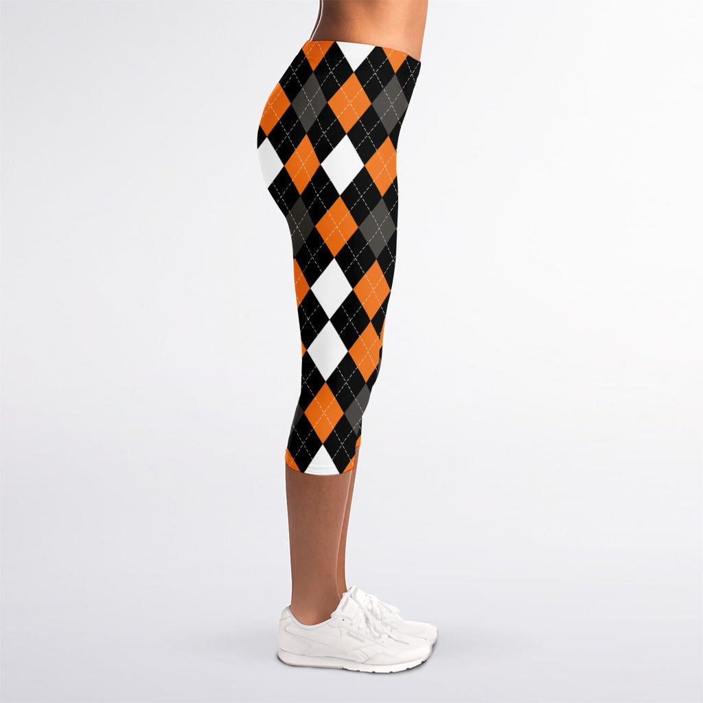 Orange Black Grey And White Argyle Print Women's Capri Leggings