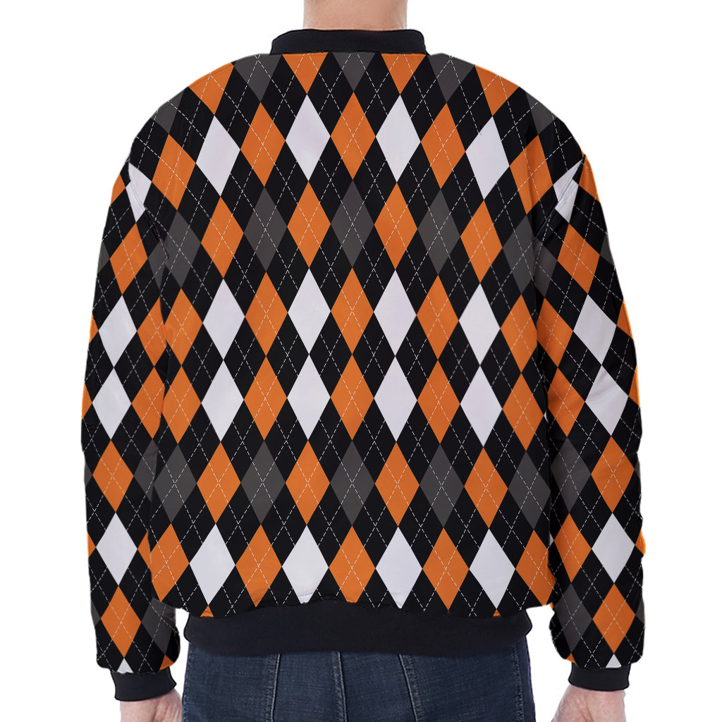 Orange Black Grey And White Argyle Print Zip Sleeve Bomber Jacket