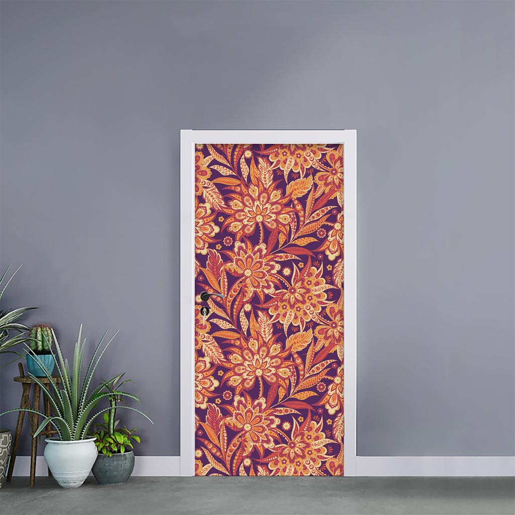 Orange Bohemian Floral Pattern Print Door Sticker