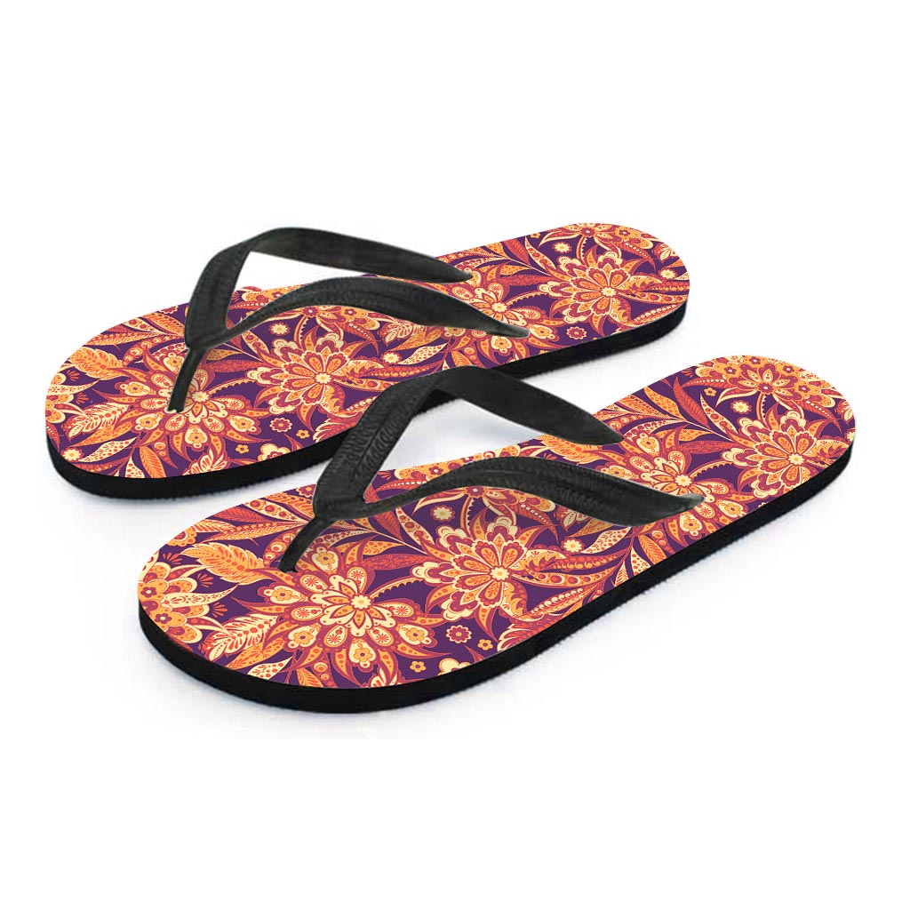 Orange Bohemian Floral Pattern Print Flip Flops