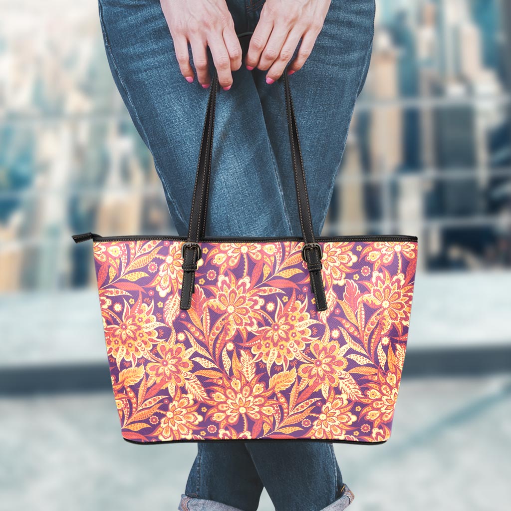 Orange Bohemian Floral Pattern Print Leather Tote Bag