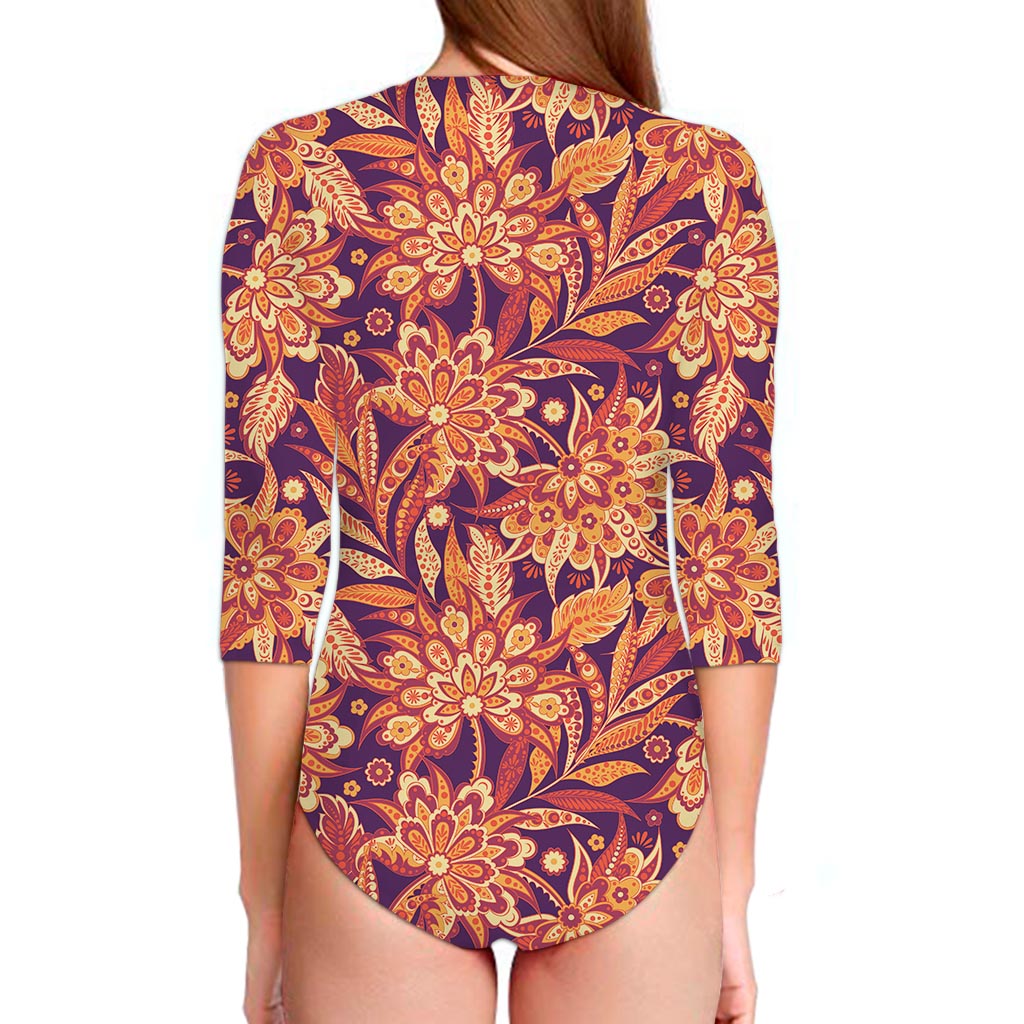 Orange Bohemian Floral Pattern Print Long Sleeve Swimsuit