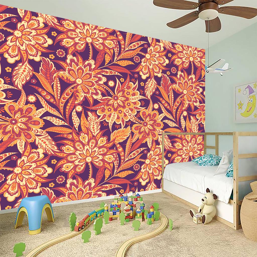 Orange Bohemian Floral Pattern Print Wall Sticker