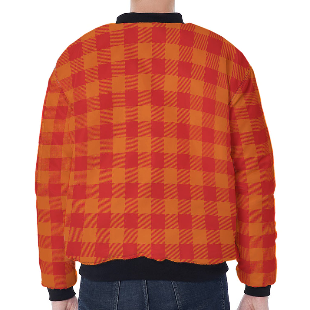Orange Buffalo Check Pattern Print Zip Sleeve Bomber Jacket