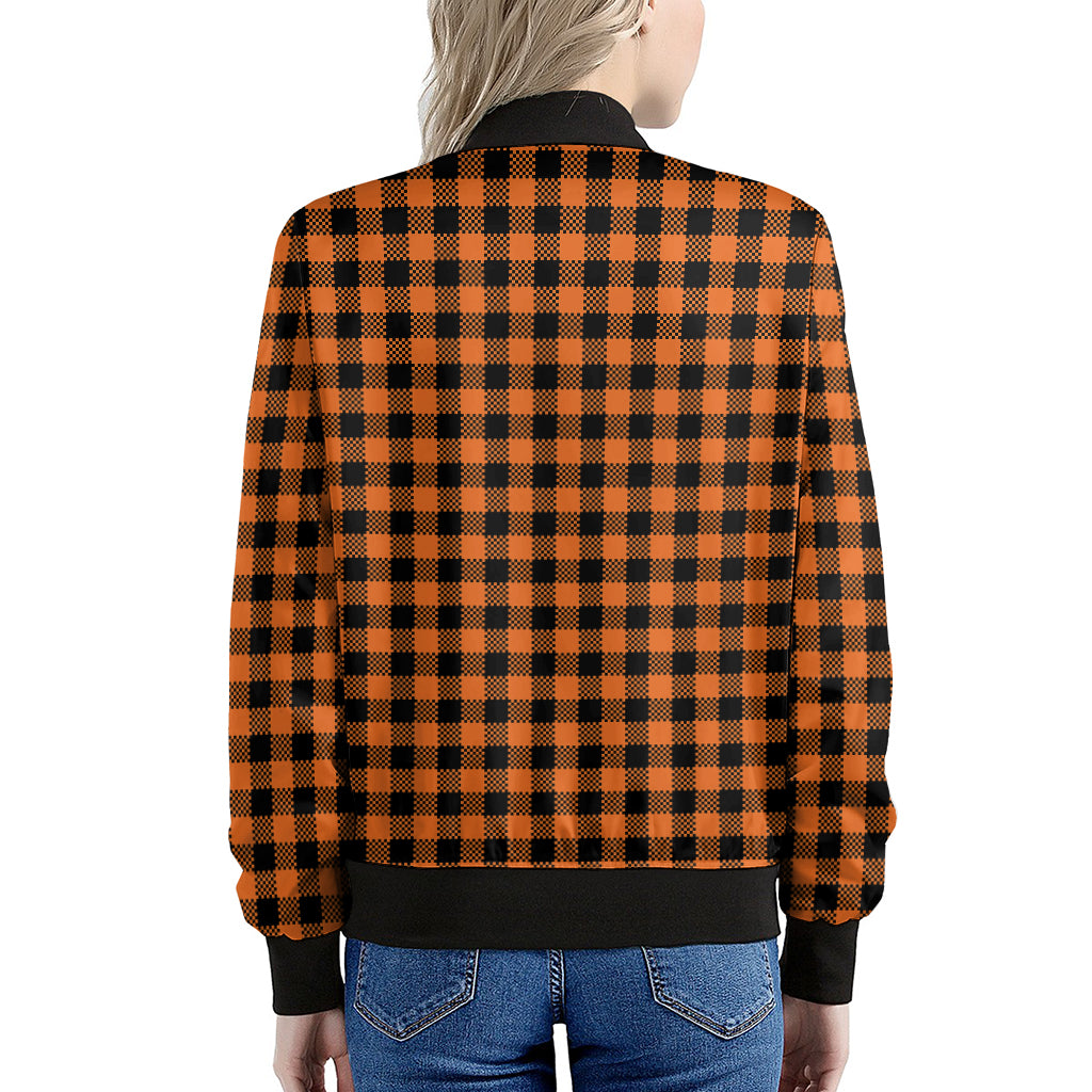 Orange Buffalo Plaid Print Women's Bomber Jacket