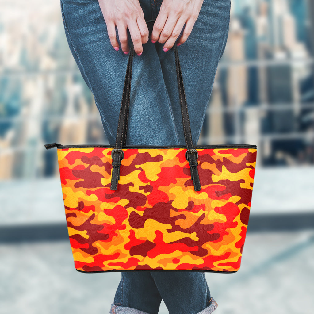 Orange Camouflage Print Leather Tote Bag