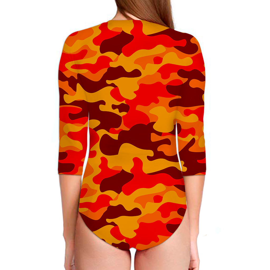 Orange Camouflage Print Long Sleeve Swimsuit