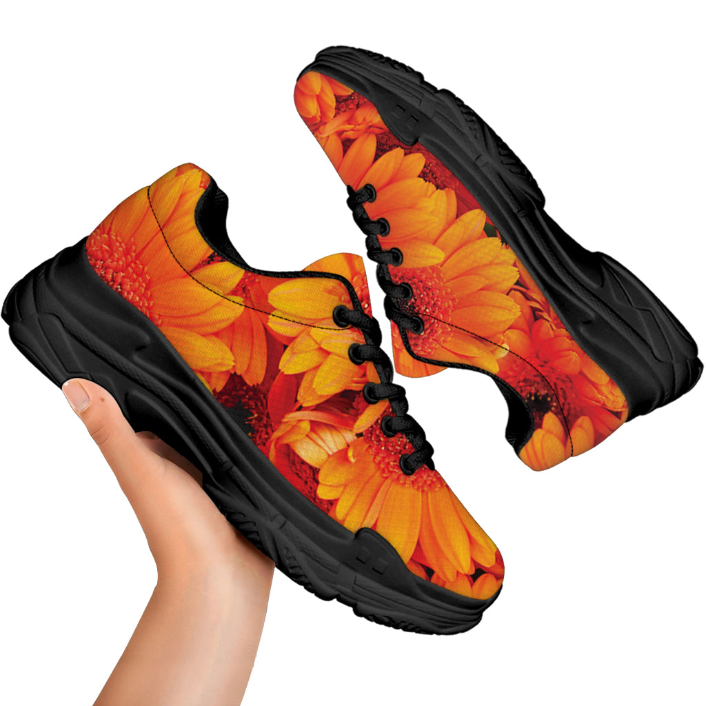 Orange Daisy Flower Print Black Chunky Shoes