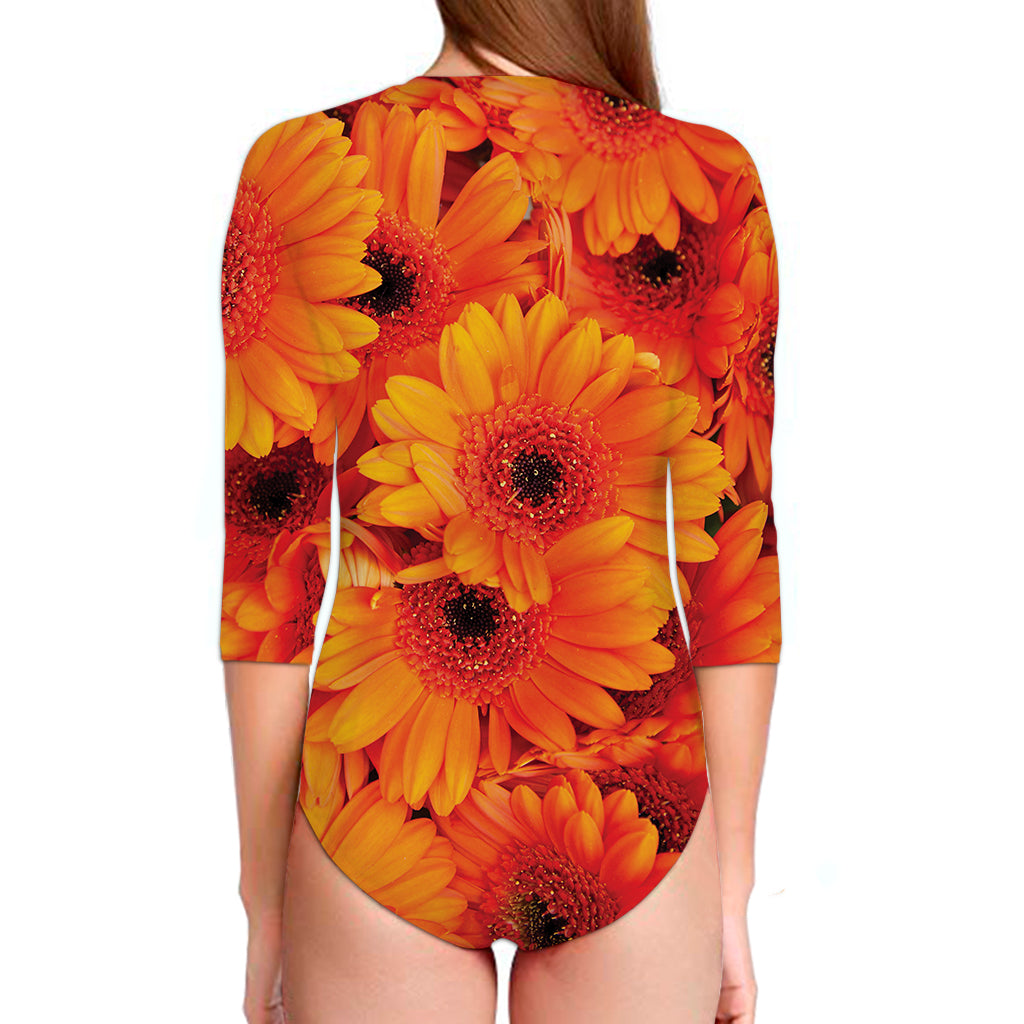 Orange Daisy Flower Print Long Sleeve Swimsuit