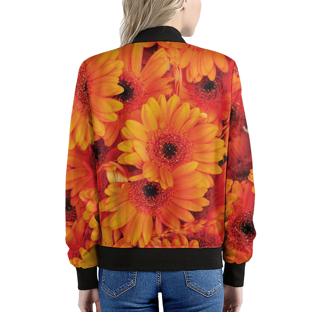 Orange Daisy Flower Print Women's Bomber Jacket