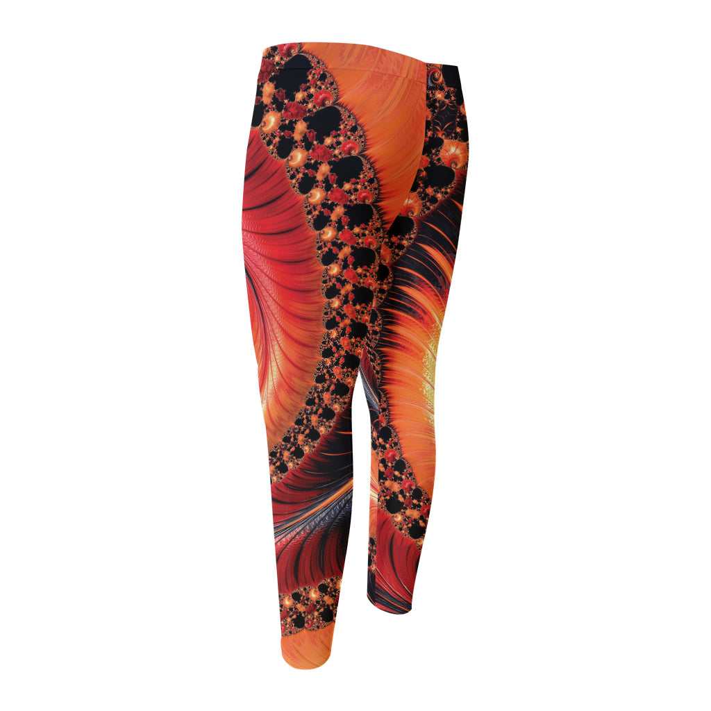 Orange Fractal Print Men's Compression Pants