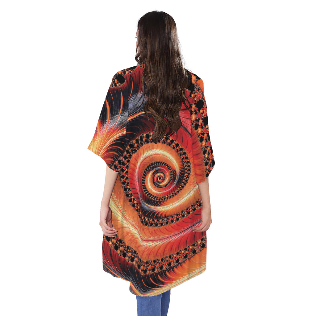 Orange Fractal Print Open Front Beach Cover Up
