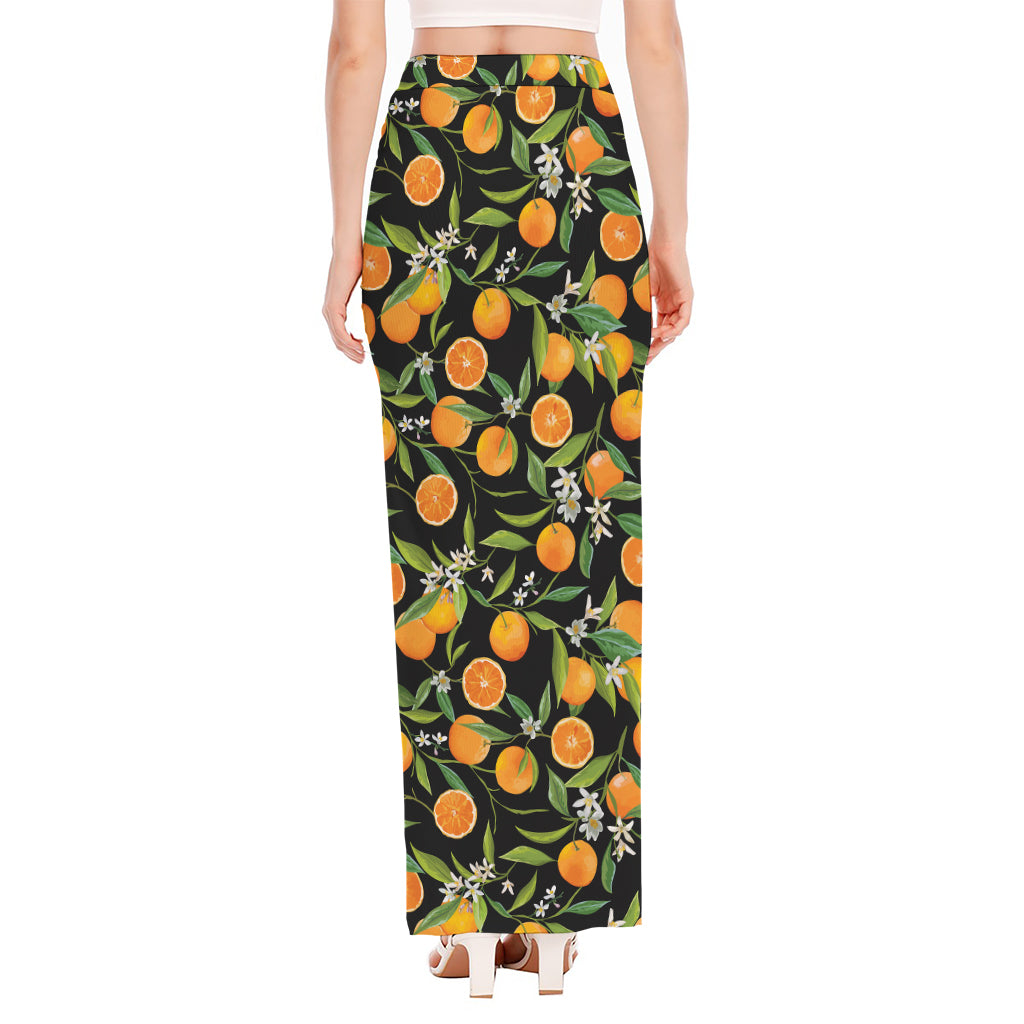 Orange Fruit Pattern Print High Slit Maxi Skirt