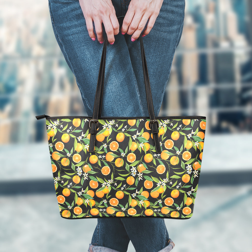 Orange Fruit Pattern Print Leather Tote Bag