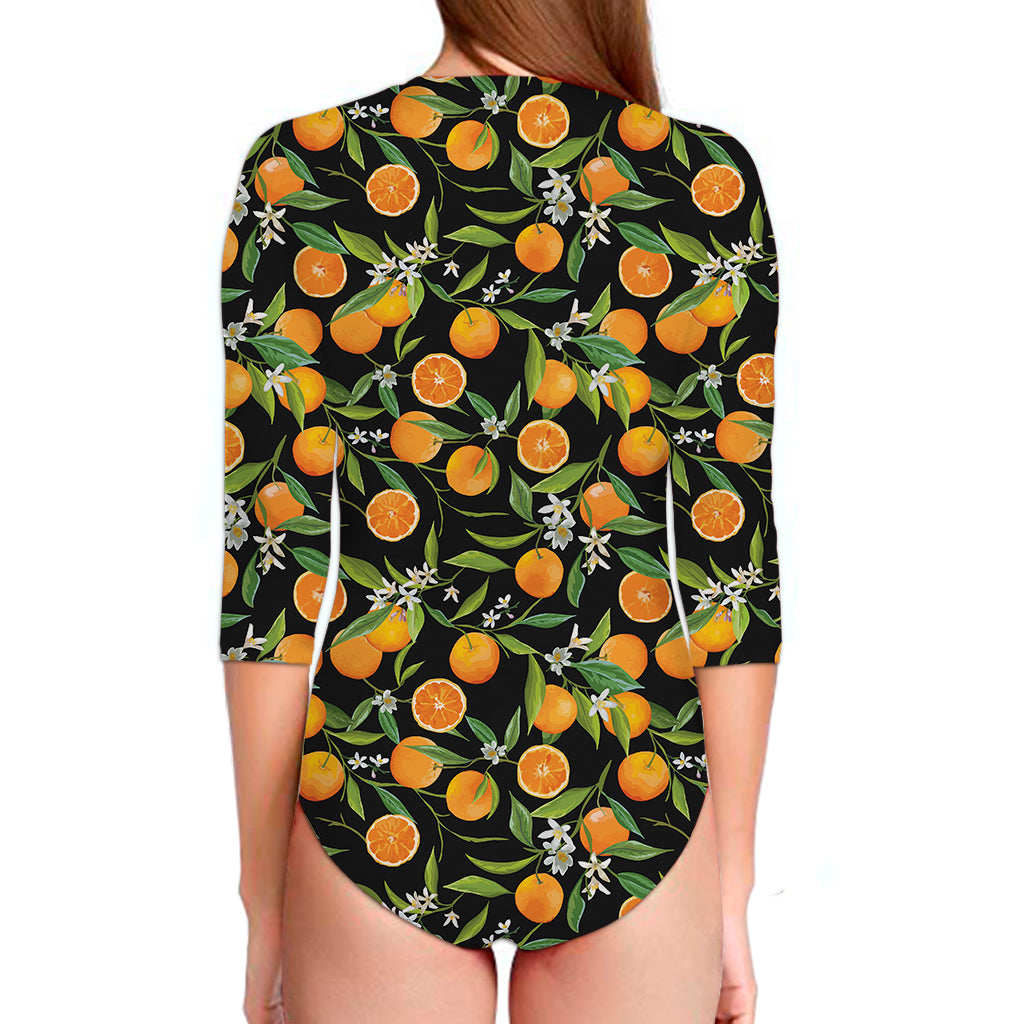 Orange Fruit Pattern Print Long Sleeve Swimsuit