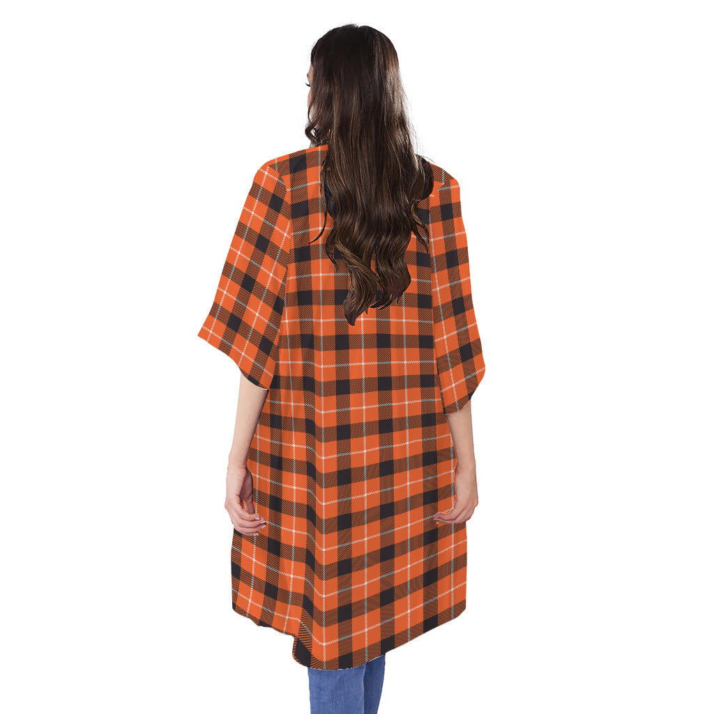 Orange Grey And White Plaid Print Open Front Beach Cover Up